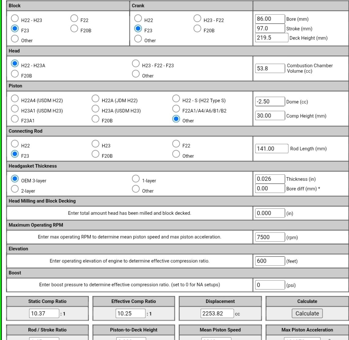 Compression calculator screenshot for G23 hybrid